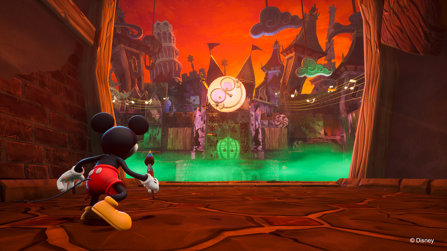 Mickey Mouse corre hacia una escena de pueblo espeluznante con niebla verde y cielo rojo oscuro.
