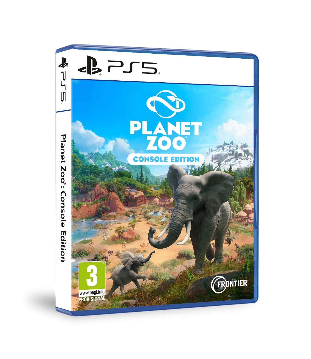 Caja del juego PS5 'Planet Zoo: Console Edition'. Con un elefante grande y un elefante bebé.