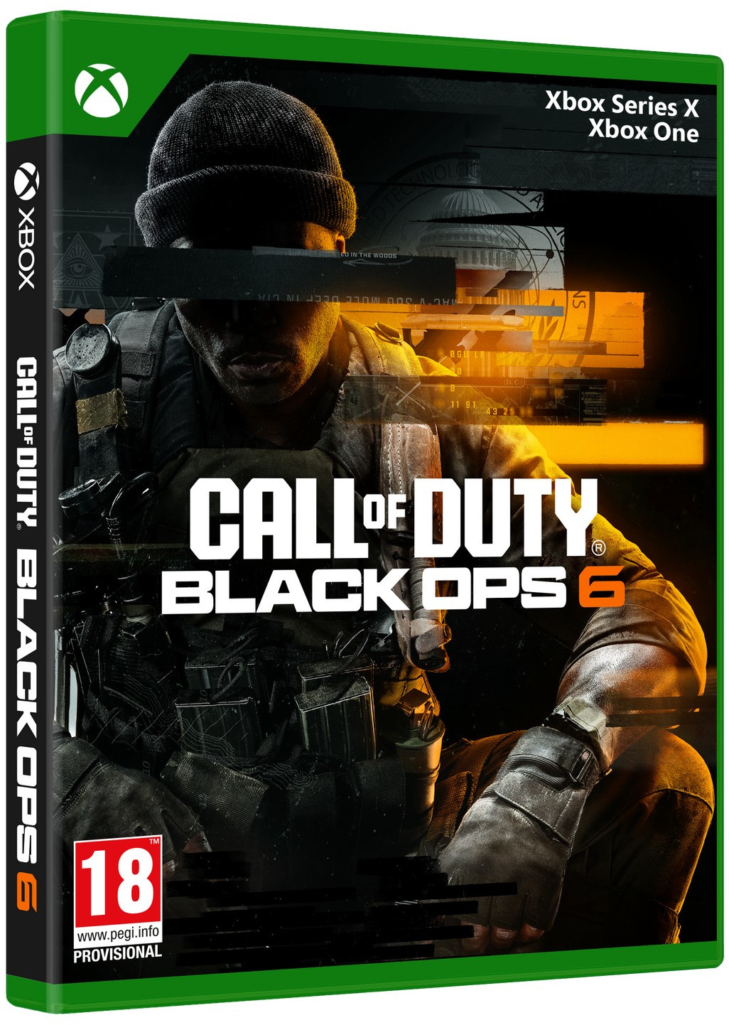 A Call of Duty: Black Ops 6 játék borítója. Egy fekete ruhás katona van középen. Az Xbox logó és a játék címe látható.
