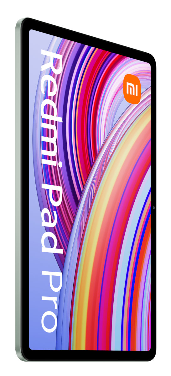 Tablet Redmi Pad Pro, widok z boku, pod kątem. Widoczny kolorowy wyświetlacz. Biała i srebrna obudowa.