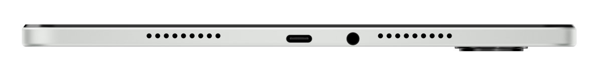 Bok srebrnego tabletu z portami: głośniki, USB-C, gniazdo słuchawkowe i aparat. Czarne górne obramowanie.
