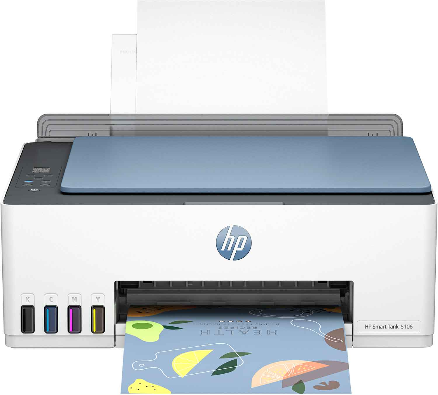 HP Smart Tank 5106 printer, wit en blauw, die een kleurrijk document print.