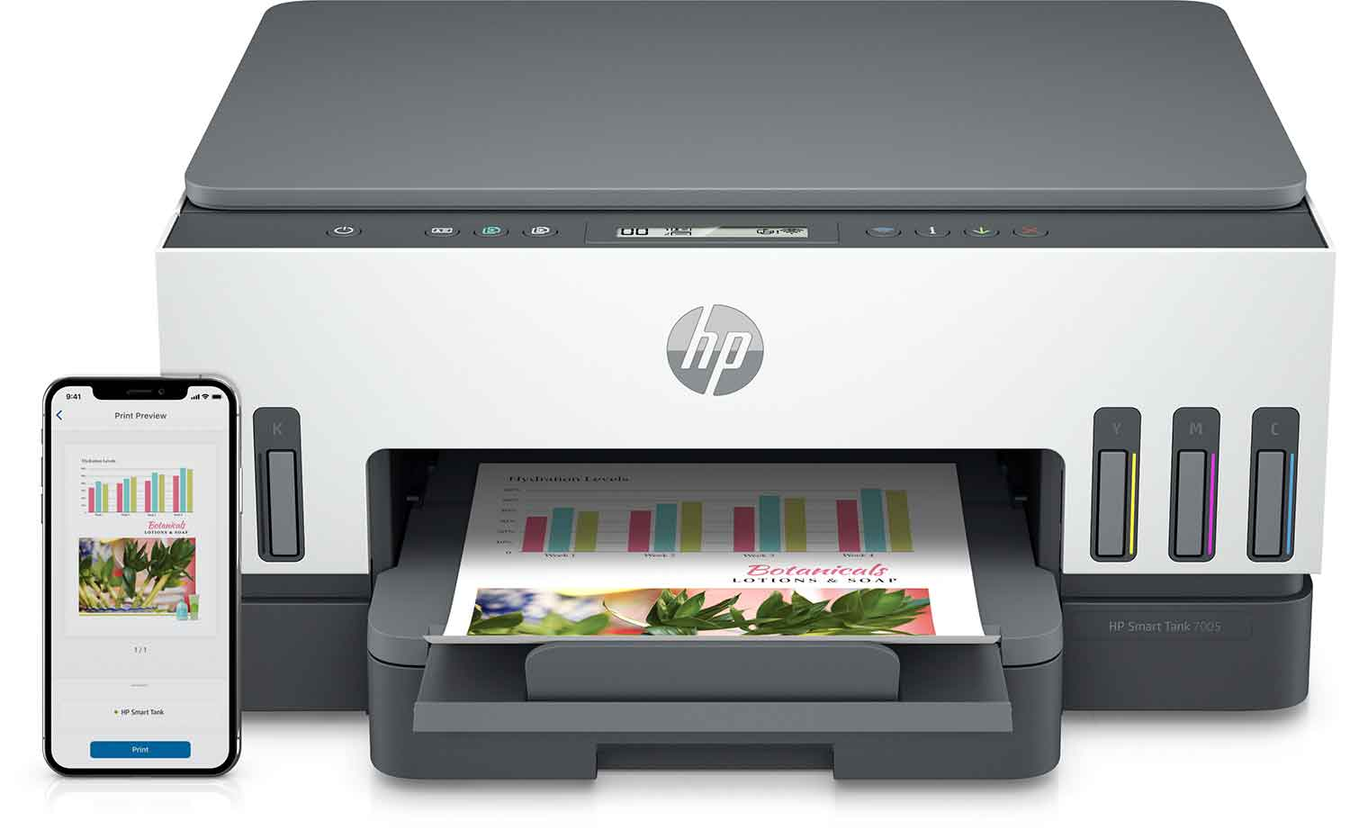 Printer met een smartphone met een grafiek en een afgedrukte pagina.