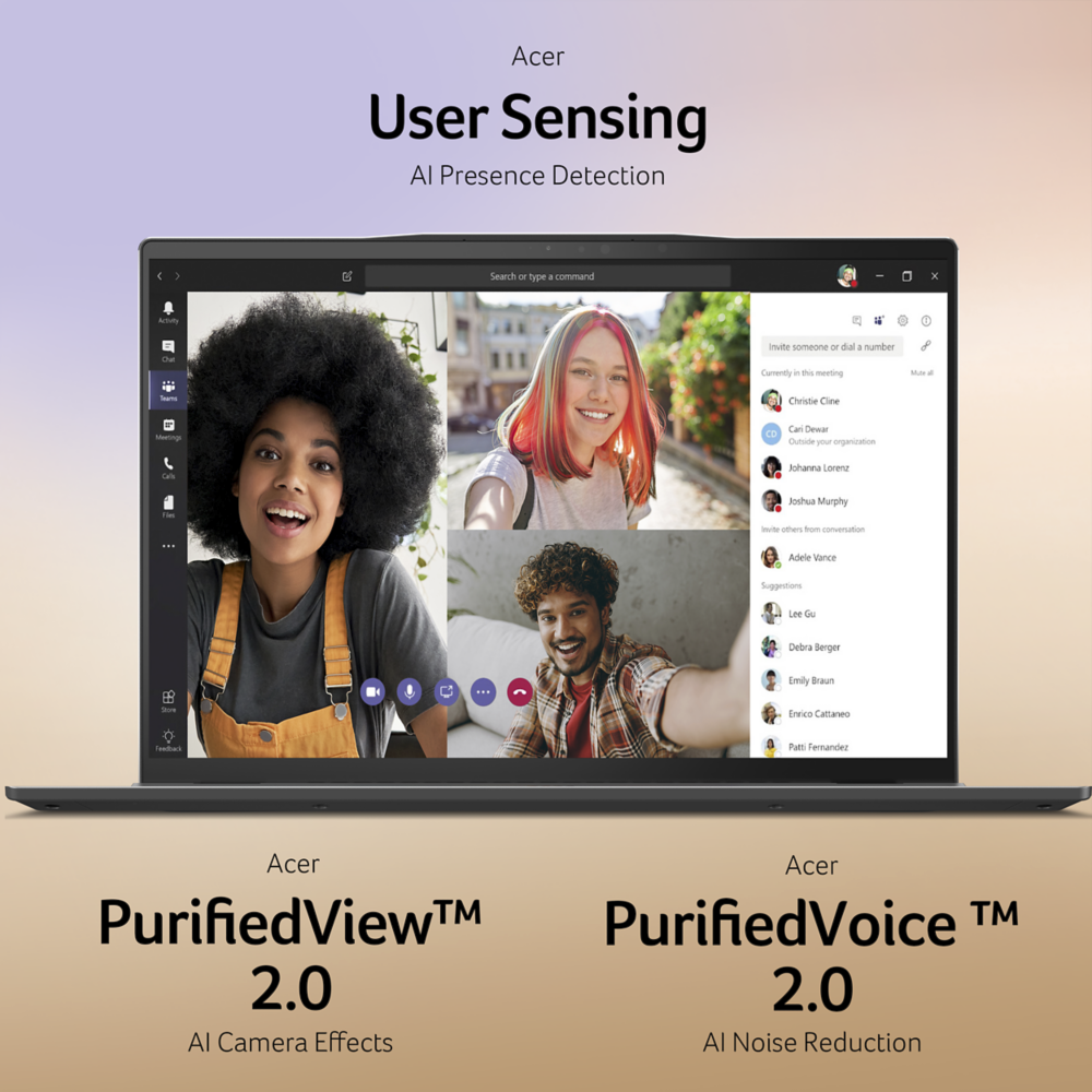 Portátil mostrando una videollamada con múltiples participantes. El texto menciona 'User Sensing' y funciones de 'IA'.