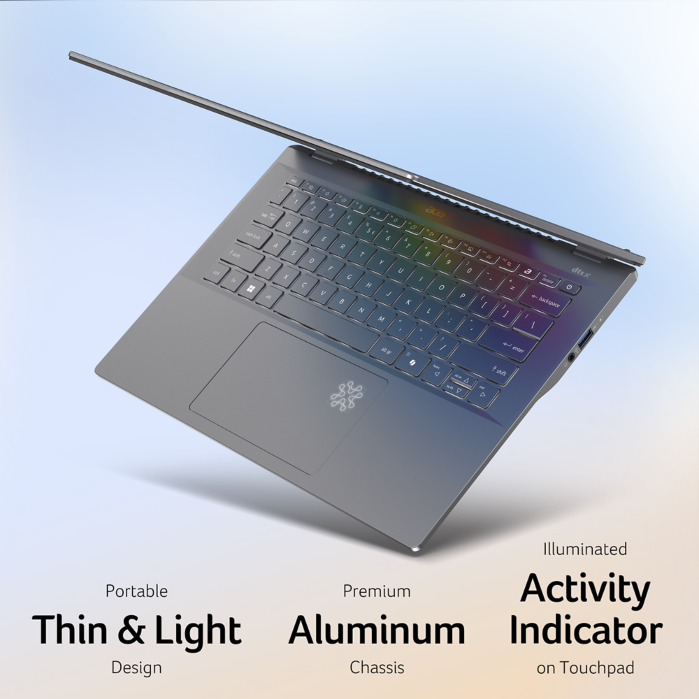 Laptop plateado, abierto, con teclado iluminado. Texto: Portable, Thin & Light, Premium Aluminum.