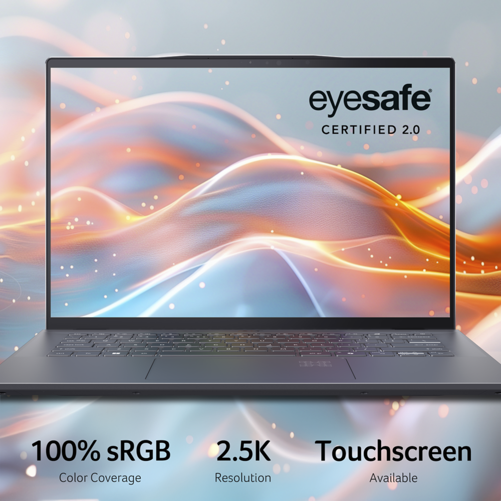 Un portátil con una pantalla que muestra información sobre 100% sRGB y 2.5K.
