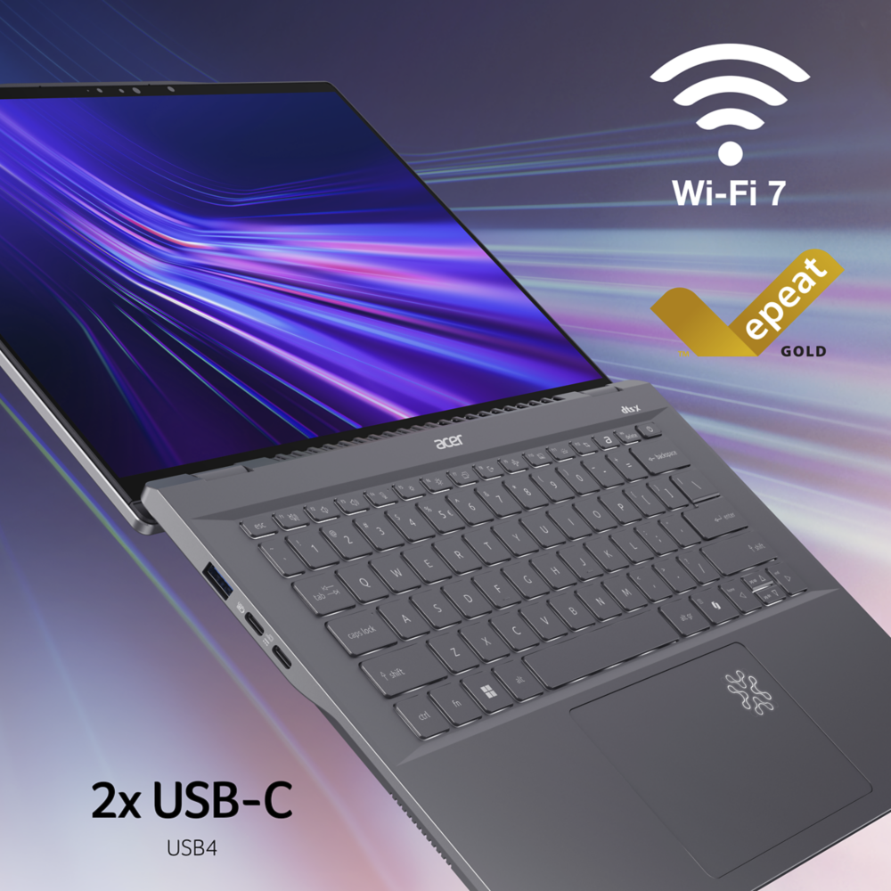 Laptop con teclado y pantalla, Wi-Fi 7 y 2x USB-C.