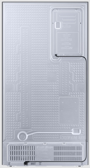 Tył lodówki z teksturowaną metalową powierzchnią. Widoczne są różne elementy konstrukcyjne.