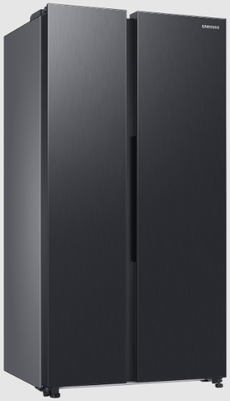 Czarna lodówka Samsung z konstrukcją drzwi obok siebie.