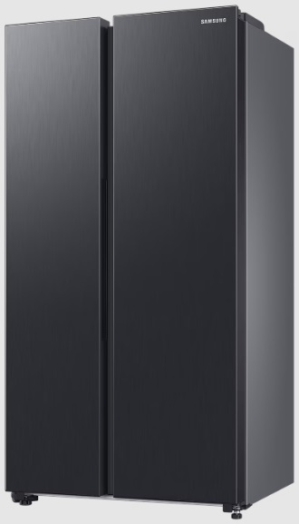 Duża, czarna lodówka Samsung side-by-side na białym tle.