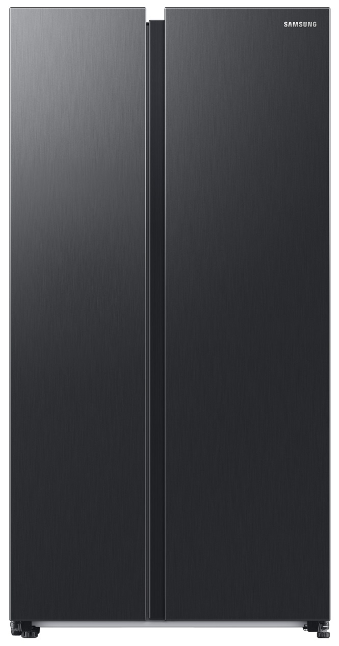 Czarna lodówka Samsung side-by-side z dwoma pionowymi drzwiami.