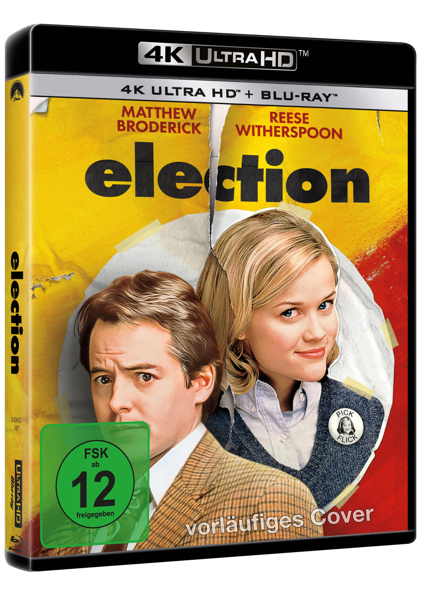 DVD-Cover des Films 'Election' mit Matthew Broderick und Reese Witherspoon. Ein grünes Label in der Ecke.