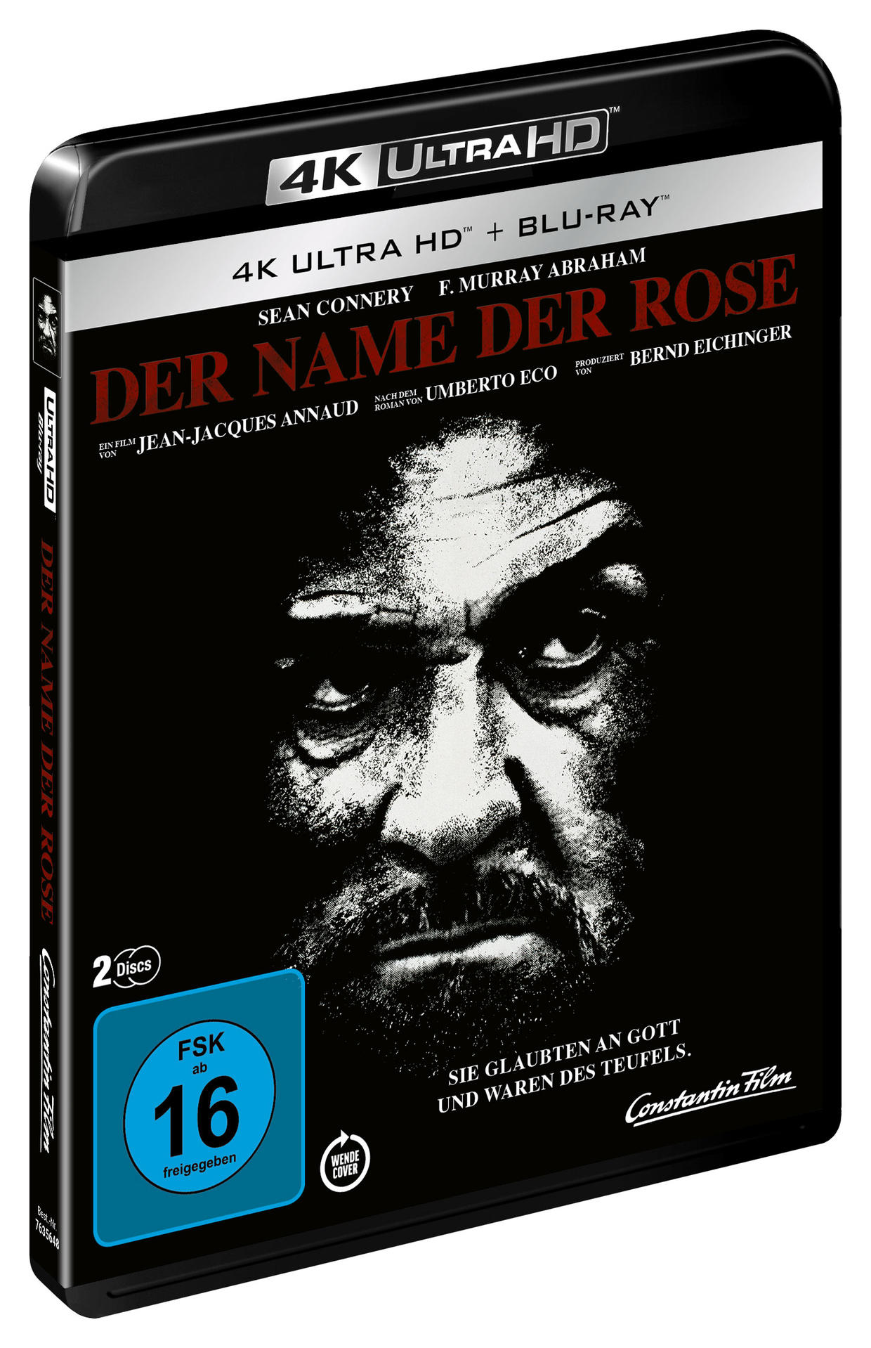Blu-ray-Hülle für 'Der Name Der Rose'. Das Gesicht eines Mannes ist auf dem Cover. Schwarzer Hintergrund. 4K Ultra HD.