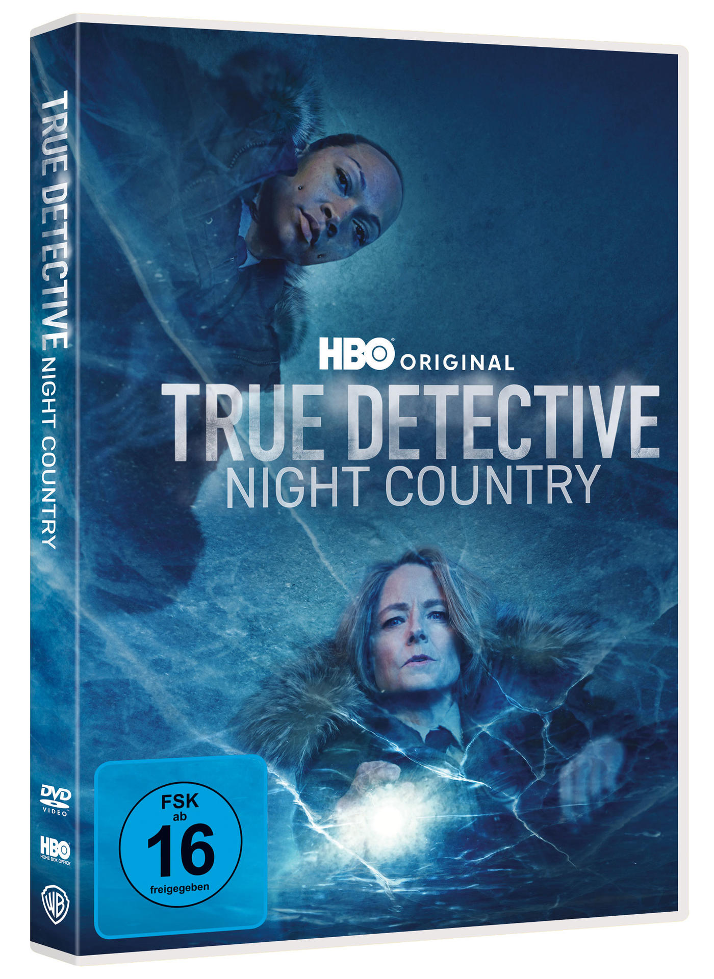 DVD-Hülle für "True Detective: Night Country" mit Gesichtern von zwei Frauen und eisigem Hintergrund.