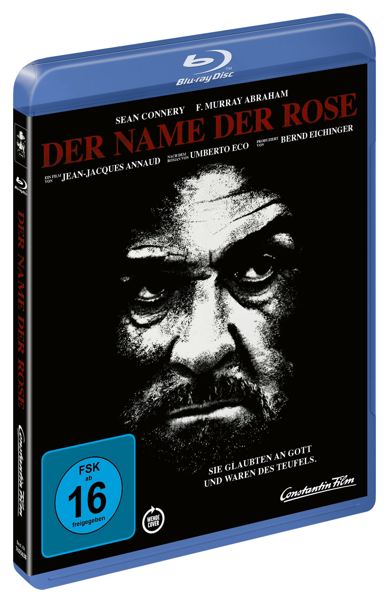 Blaue Blu-ray-Hülle mit Filmtitel 'Der Name Der Rose', Gesicht eines Mannes und deutschem Text.