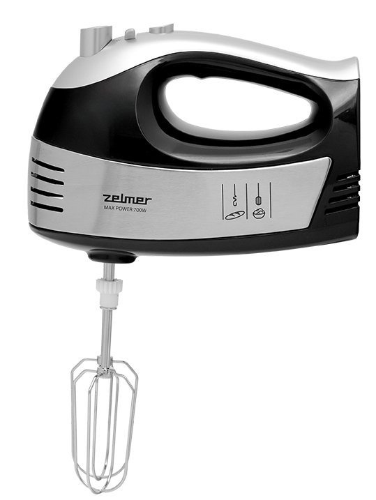 Czarno-srebrny mikser ręczny, Zelmer Max Power 700W, białe tło.