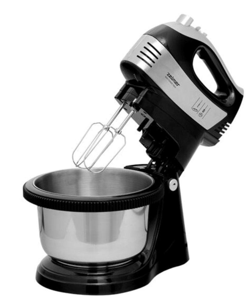 Mikser ręczny z misą, czarno-srebrna kolorystyka.