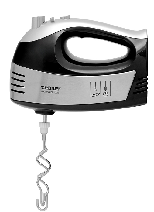 Biało-czarny mikser ręczny z dołączonym chromowanym trzepakiem, wyizolowany na białym tle.