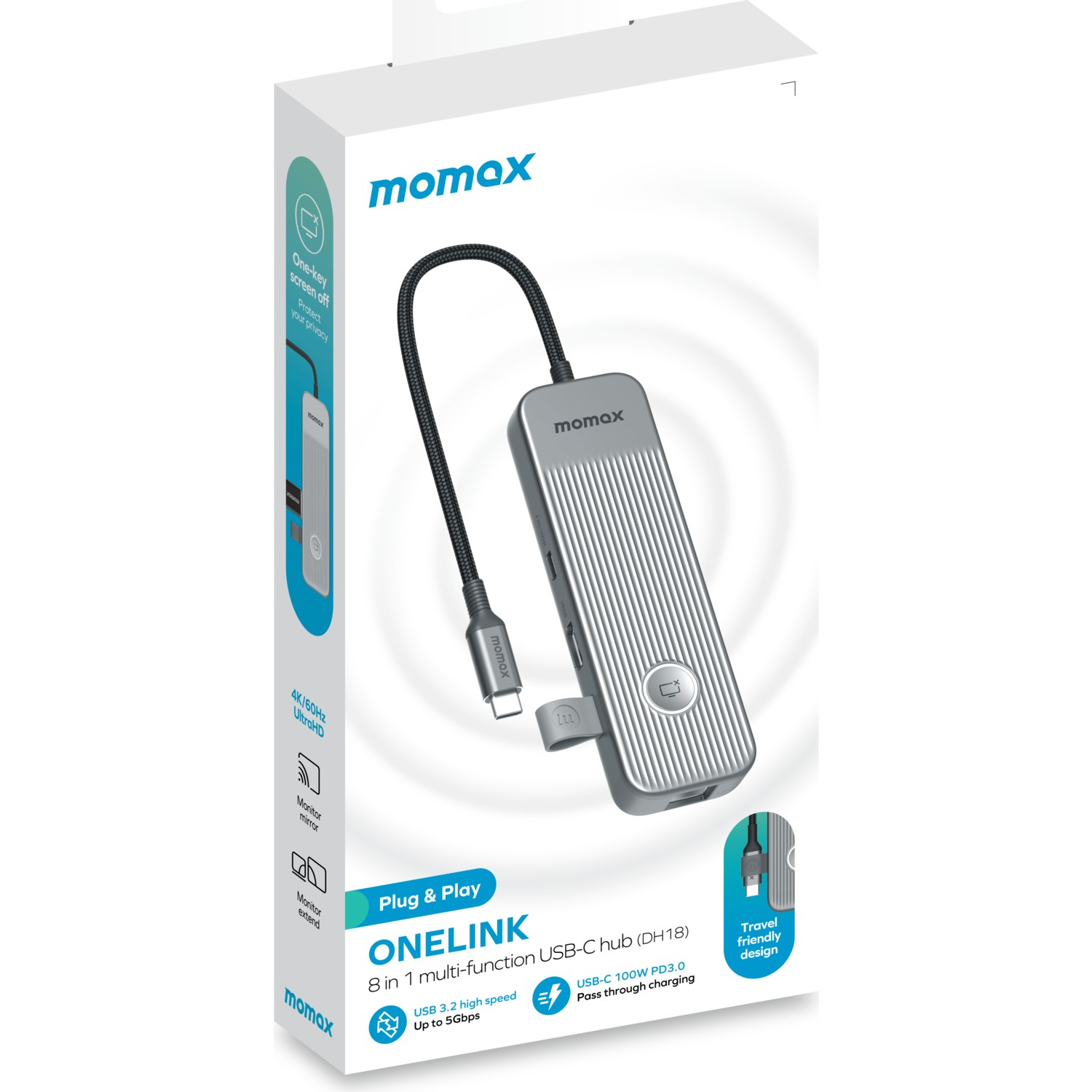 Kablolu ve cihazlı bir Momax USB-C hub'ı için beyaz bir kutu.