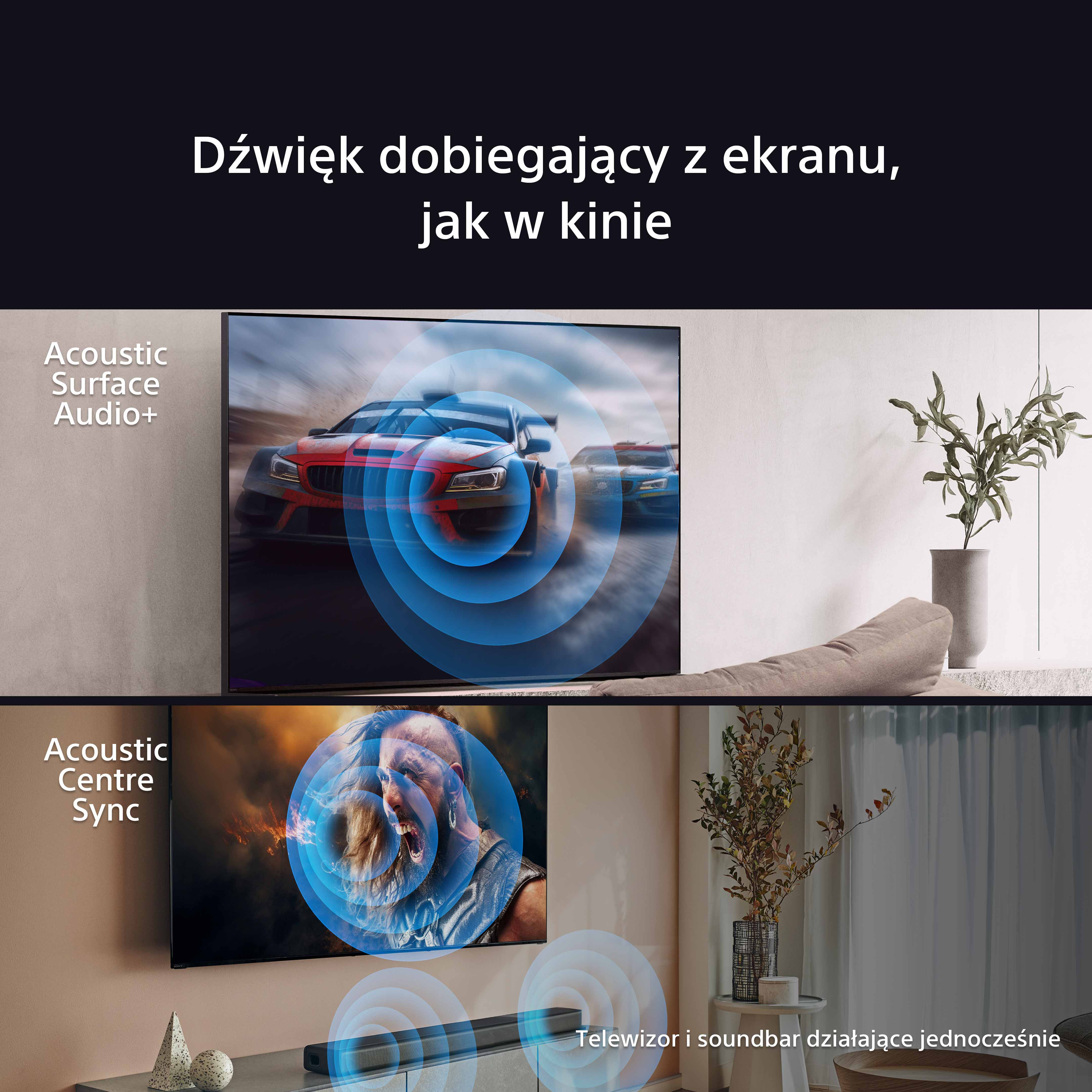 Ekran telewizora wyświetlający samochody wyścigowe, fale dźwiękowe i soundbar.