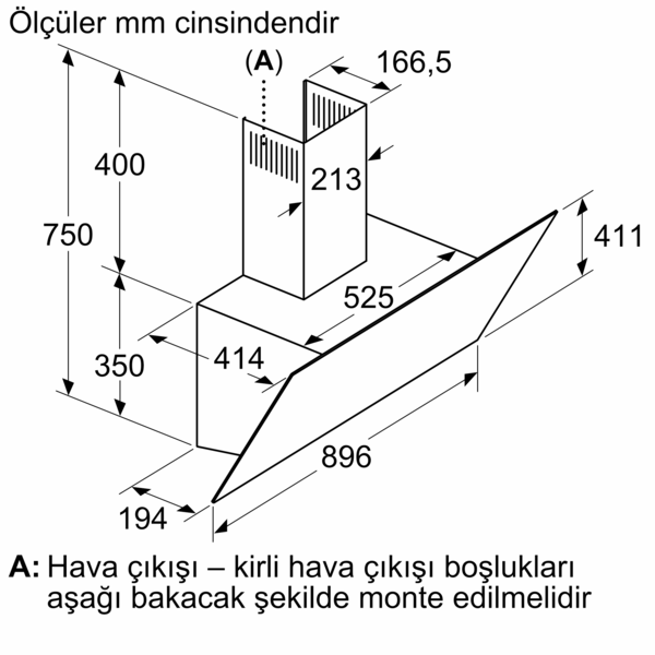 Boyutları ve Türkçe etiketleri olan bir davlumbazın teknik çizimi.