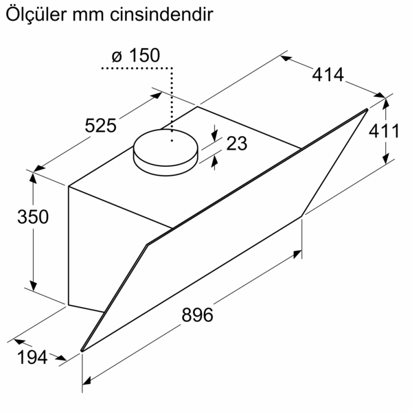 Mutfak davlumbazının milimetre cinsinden ölçülerle çizimi. Beyaz zemin.