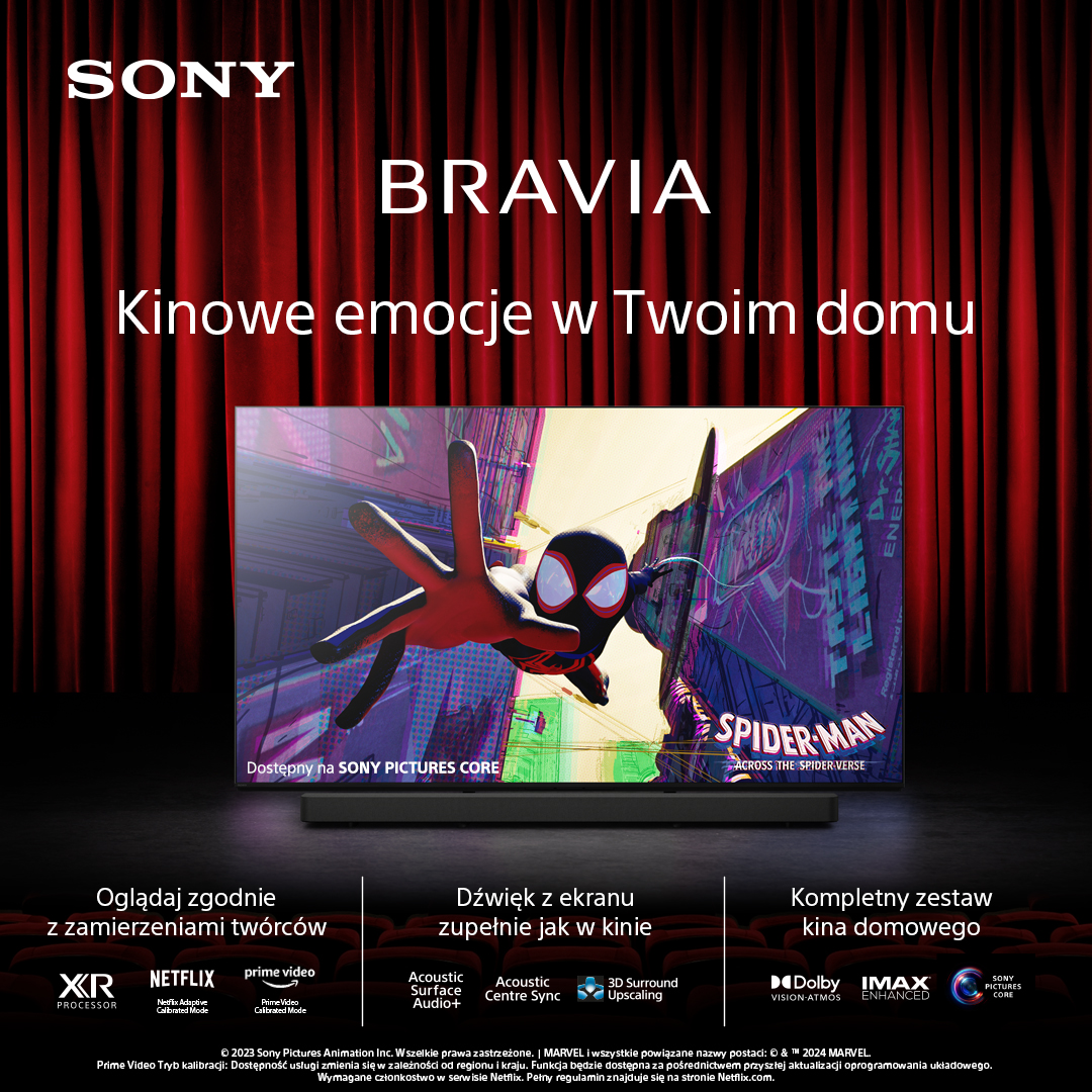 Reklama TV Sony Bravia. Obraz Spider-Man na ekranie. Czerwone tło. Tekst po polsku.
