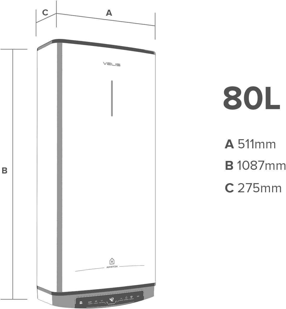 Calentador de agua blanco con dimensiones. Capacidad de 80L.