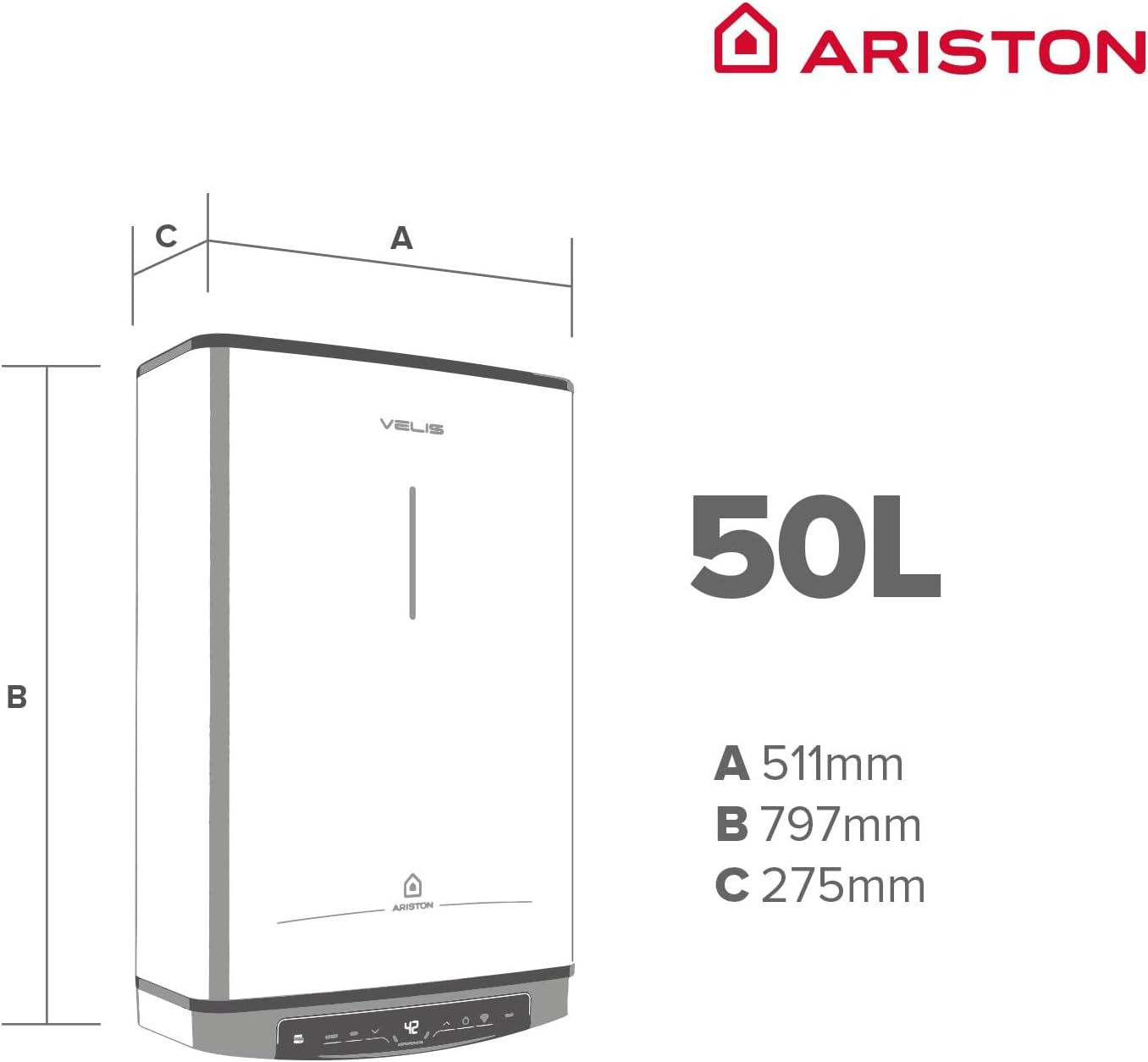 Calentador de agua Ariston blanco con dimensiones y texto 50L en forma de diagrama sobre fondo blanco.