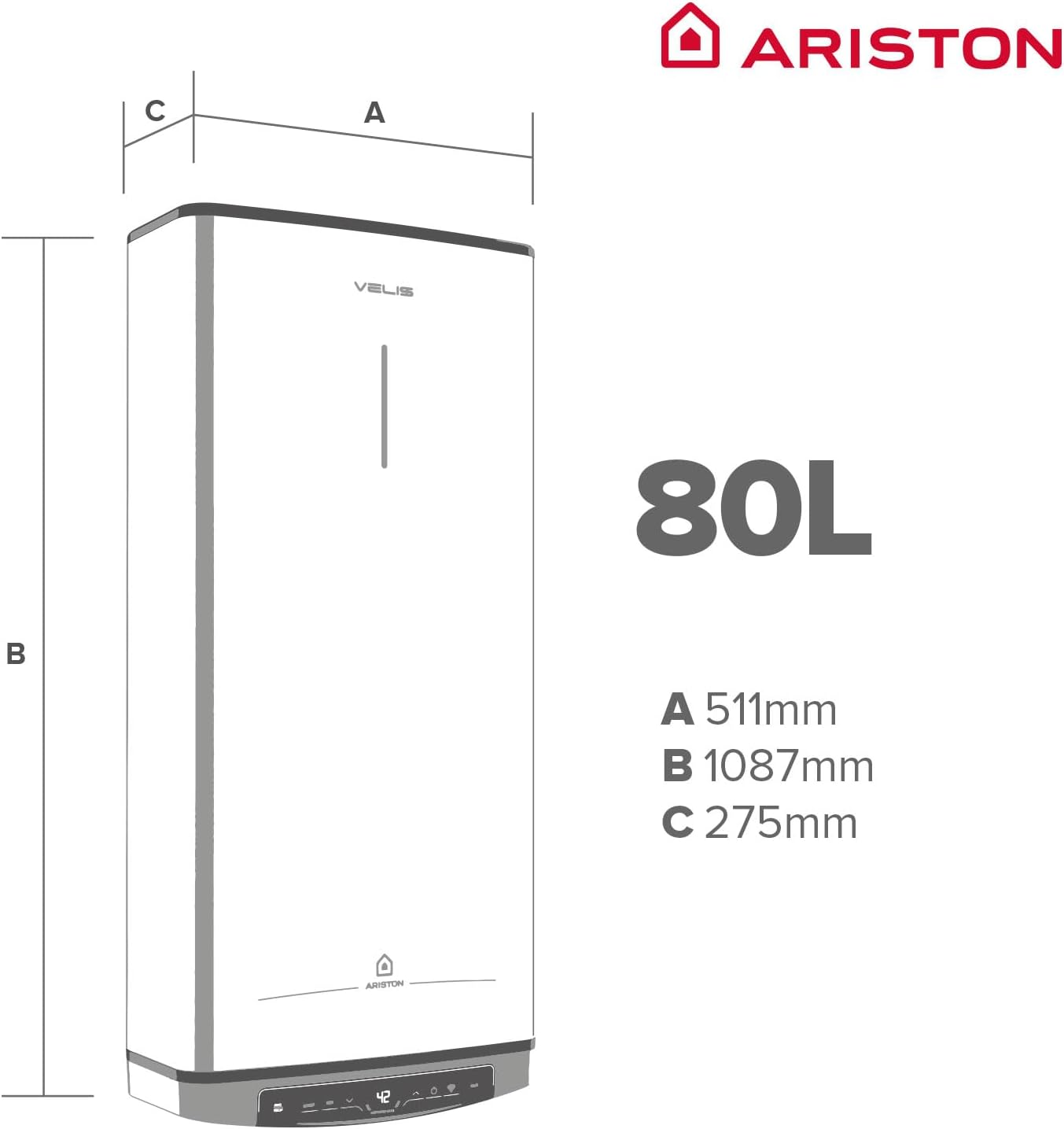 Calentador de agua blanco con el logotipo de Ariston y etiquetas de dimensiones.