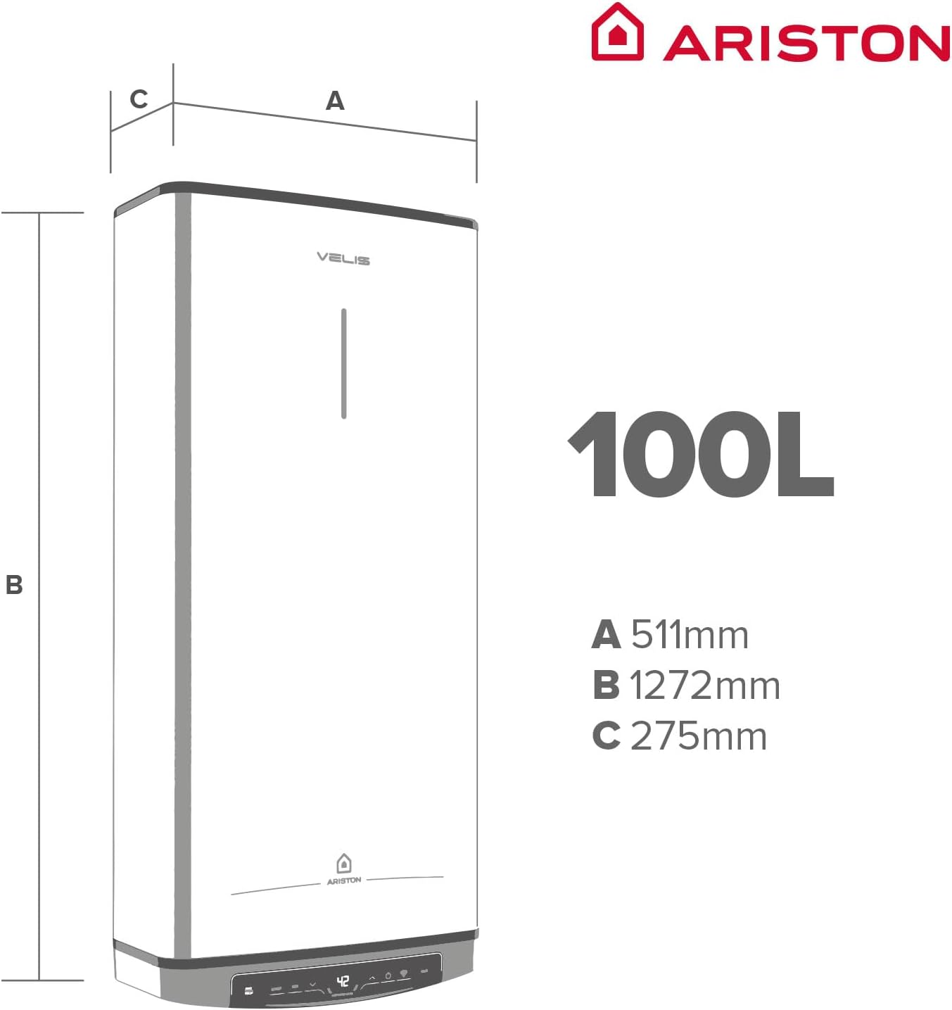 Calentador de agua blanco con dimensiones: A-511mm, B-1272mm, C-275mm. Texto: '100L' y logo 'ARISTON'.