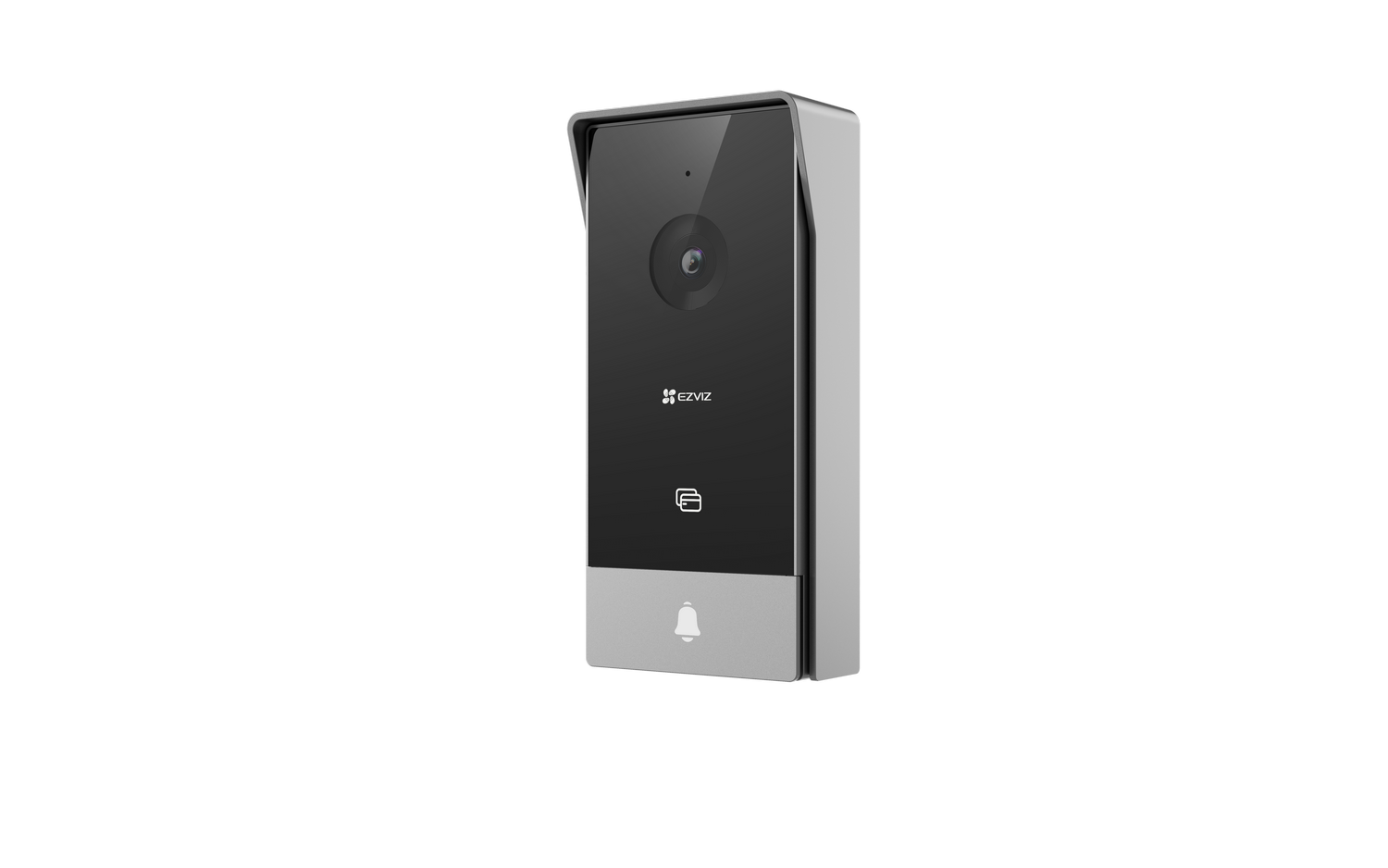 Un timbre rectangular con cámara, logo e icono de campana. Plata y negro sobre fondo oscuro.