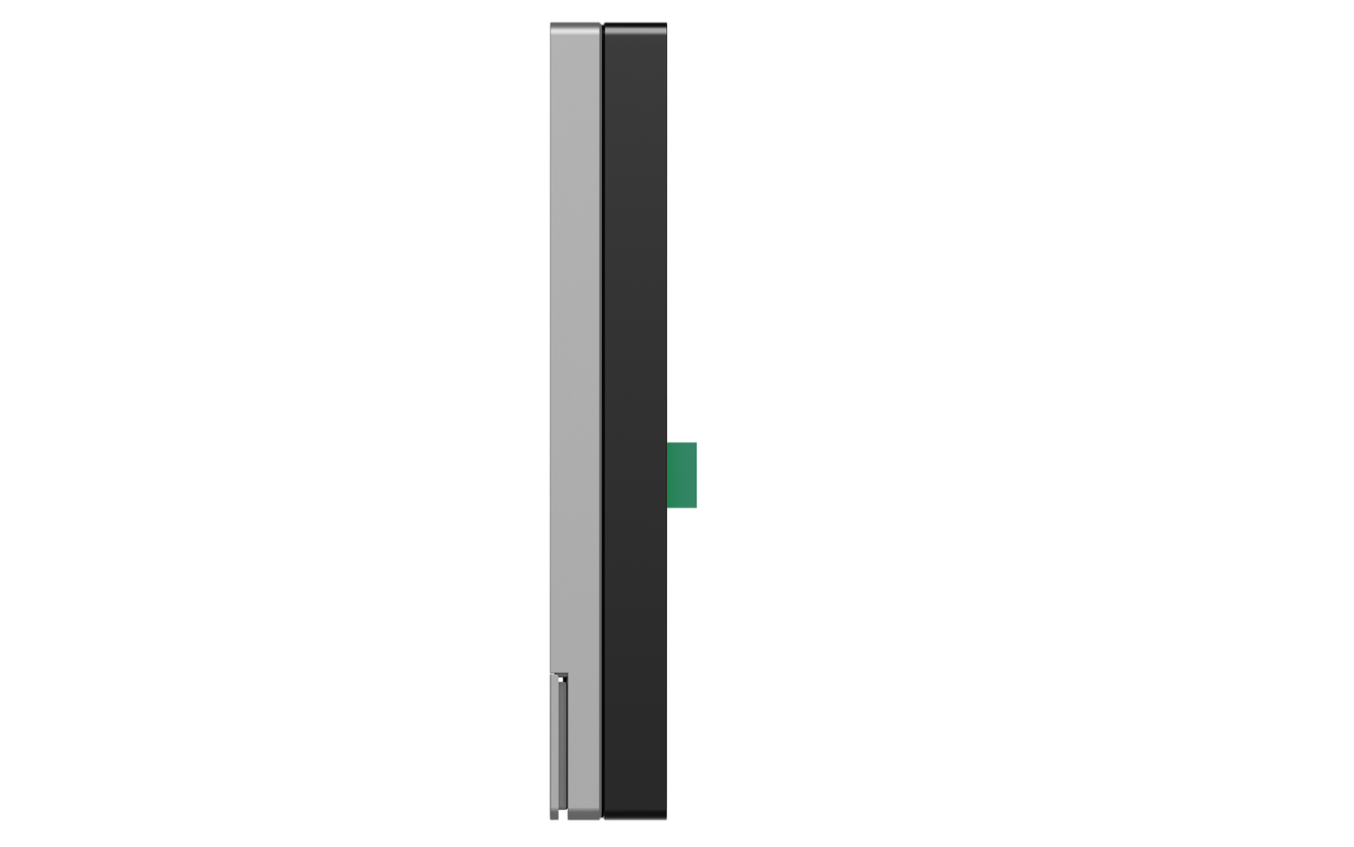Vista lateral de un dispositivo con marco plateado y cuerpo negro, con un botón verde.