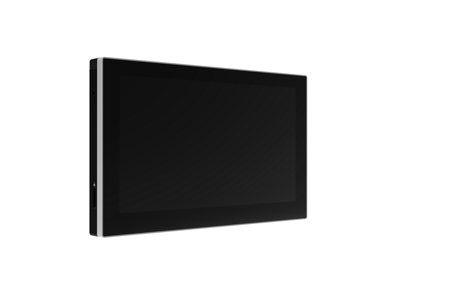 Monitor rectangular negro con pantalla negra, aislado sobre fondo negro.