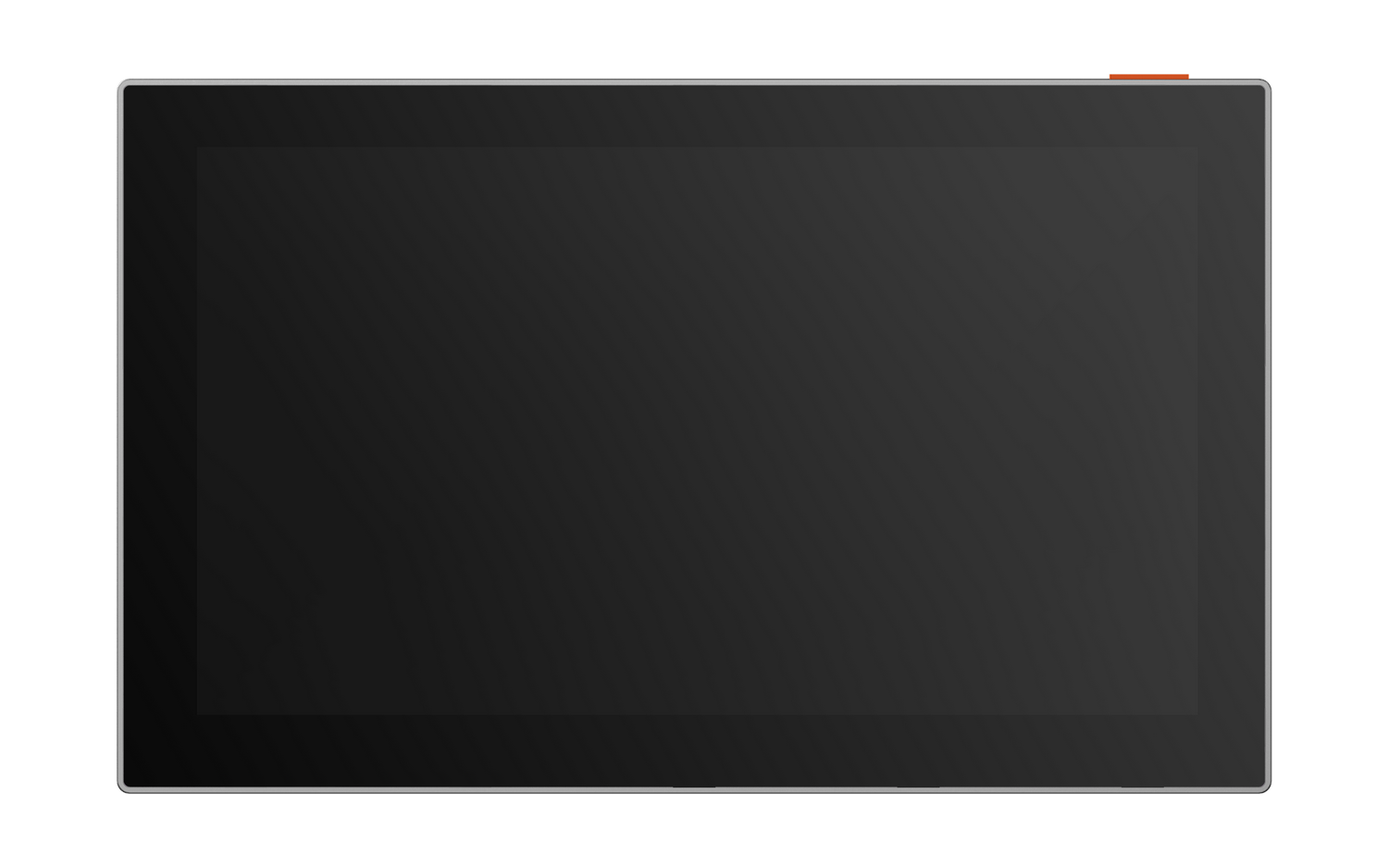 Pantalla negra con un marco plateado fino y un botón de encendido naranja.