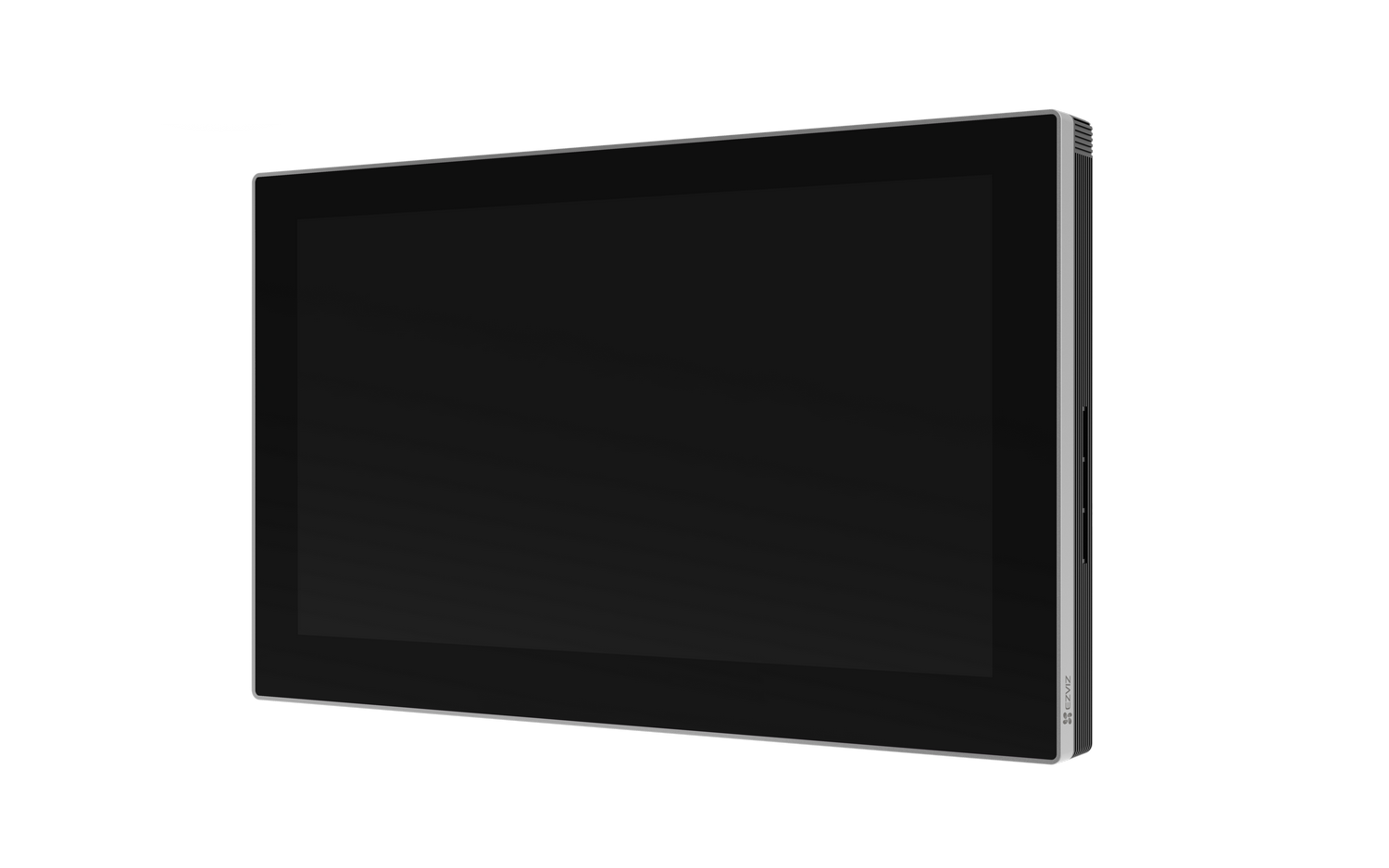 Una pantalla negra con marco plateado. Tiene un botón lateral y un logotipo de marca.