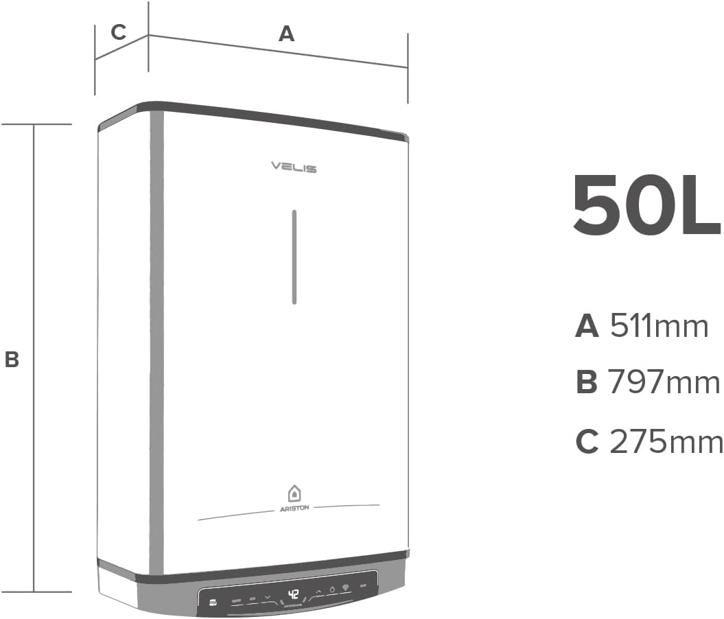 Un diagrama de calentador de agua de 50L con dimensiones: A 511mm, B 797mm, C 275mm. El logo Ariston.