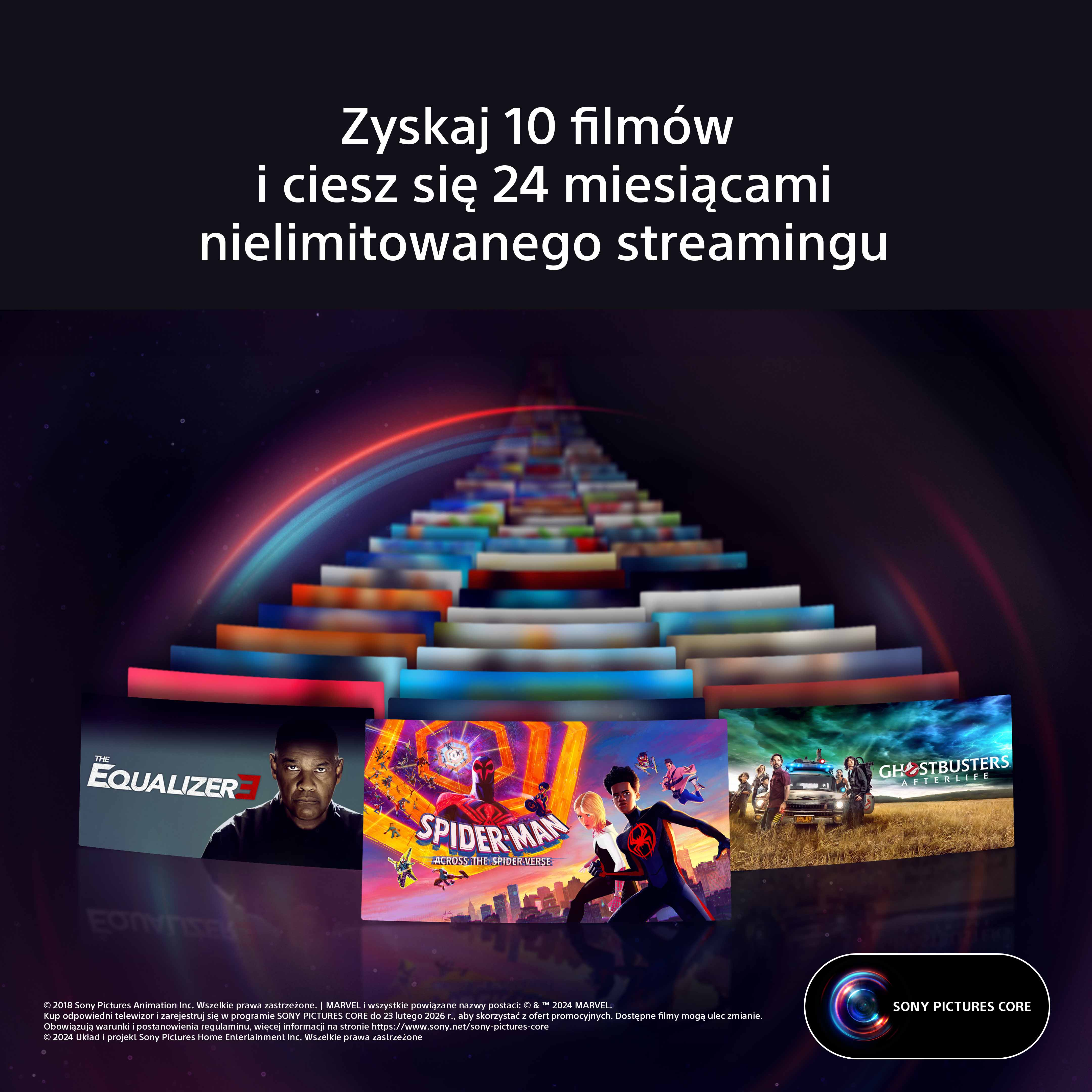 Obraz z plakatami filmowymi i tekstem w języku polskim, promujący usługi streamingowe.