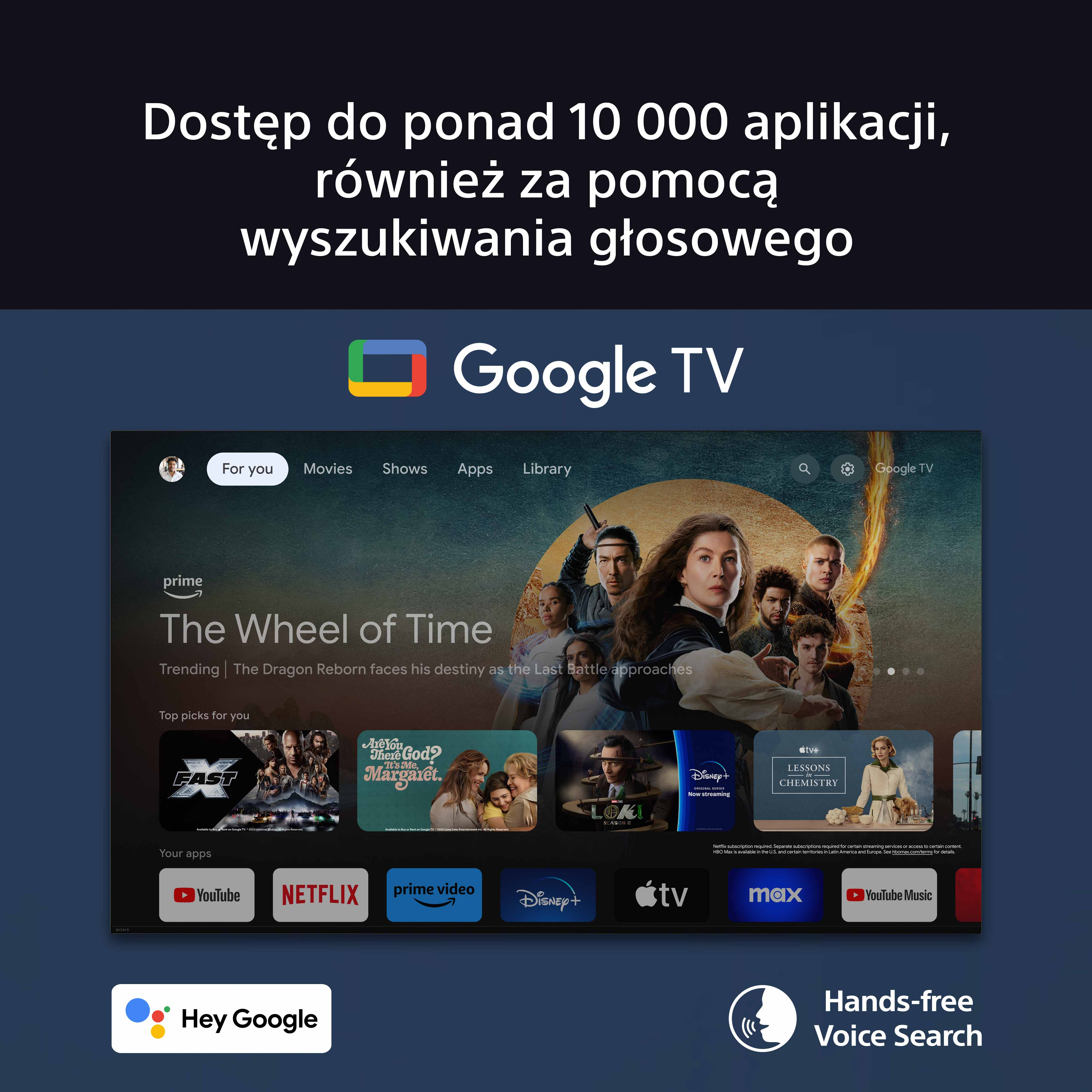 Interfejs Google TV na ekranie telewizora. Pokazuje różne aplikacje i treści z komunikatem 'Hey Google'.