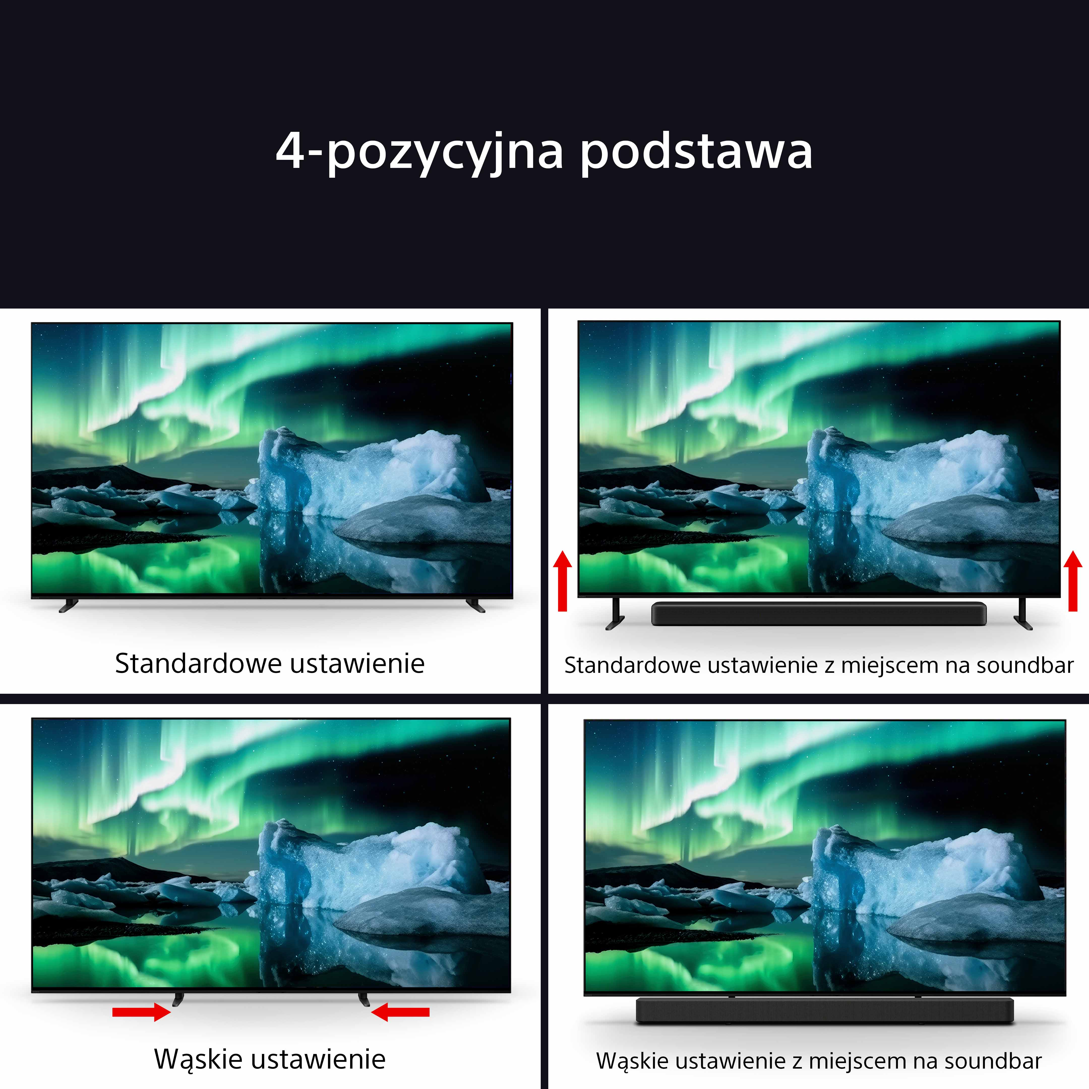 Cztery obrazy pokazujące różne konfiguracje stojaków pod telewizor. Pokazano telewizor i soundbar.