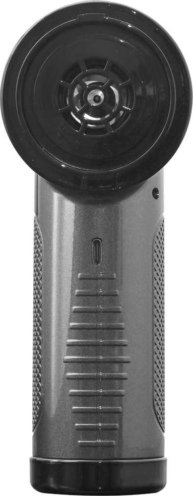A gray handheld massage gun with a black head and textured grip.