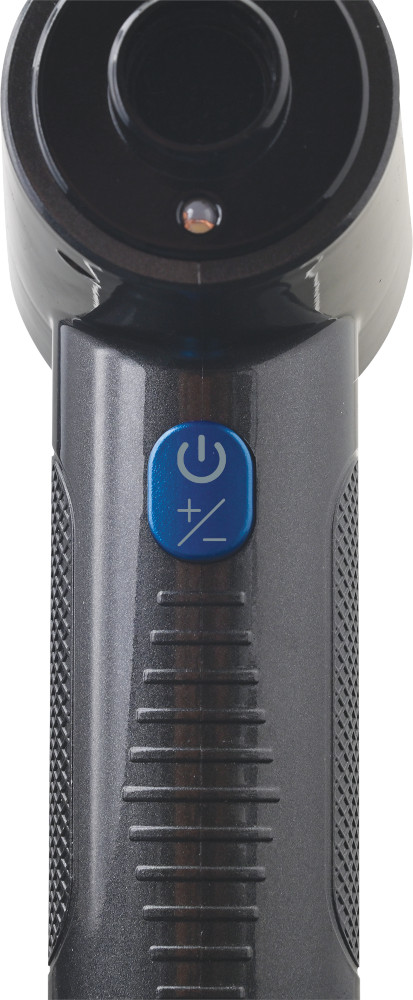 A black and gray electronic device with a blue power button with plus/minus symbol. The background is white.