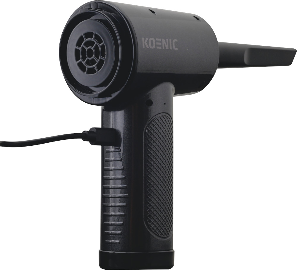 Black Koenic air duster with a charging cable attached.