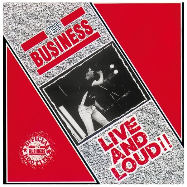 Album borító piros háttérrel. Két férfi hangszeren játszik. A cím: The Business Live and Loud!