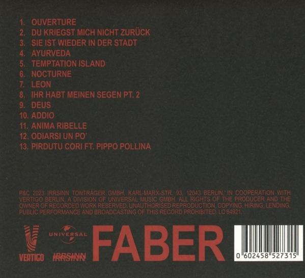 Die Rückseite einer CD-Hülle mit einer Titelliste in schwarzem und rotem Text auf dunklem Hintergrund.