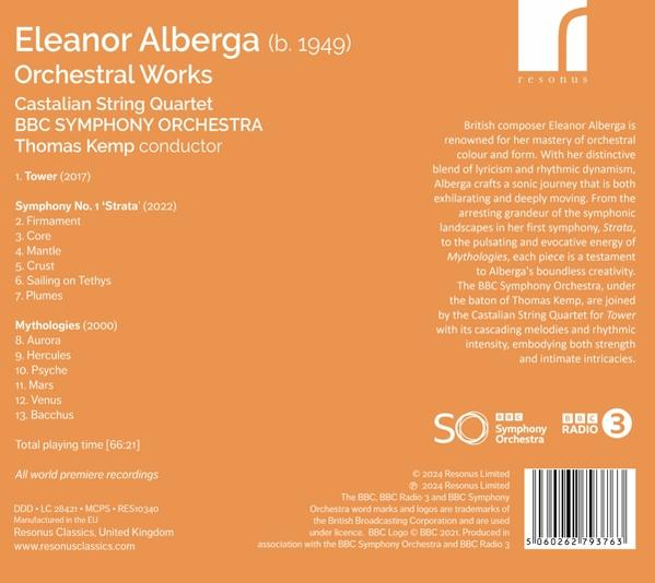 Buchcover mit Text über Eleanor Albergas Orchesterwerke und einem Barcode.