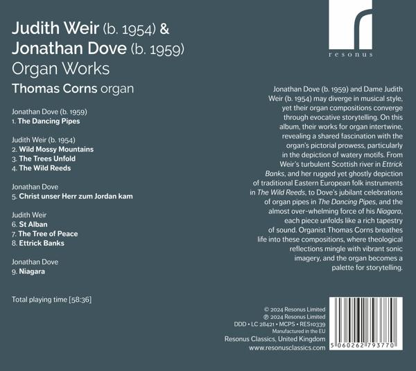 Text über Orgelwerke von Judith Weir und Jonathan Dove. Enthält Titel von Stücken und eine Beschreibung der Werke.