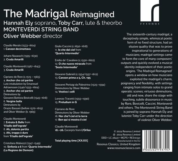 CD-Cover von The Madrigal Reimagined. Weißer Hintergrund mit Text über Musik.