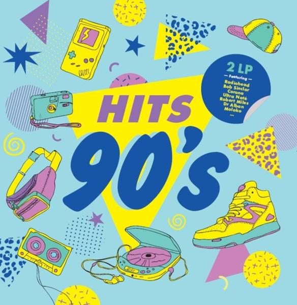 Albumcover: Hits 90's. Verschiedene Icons zum Thema 90er: Kassette, Schuh, Kamera und CD-Player.
