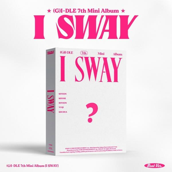 (G)I-DLE Albumcover: I SWAY, rosa Text auf Weiß. Enthält den Gruppennamen und ein Fragezeichen.